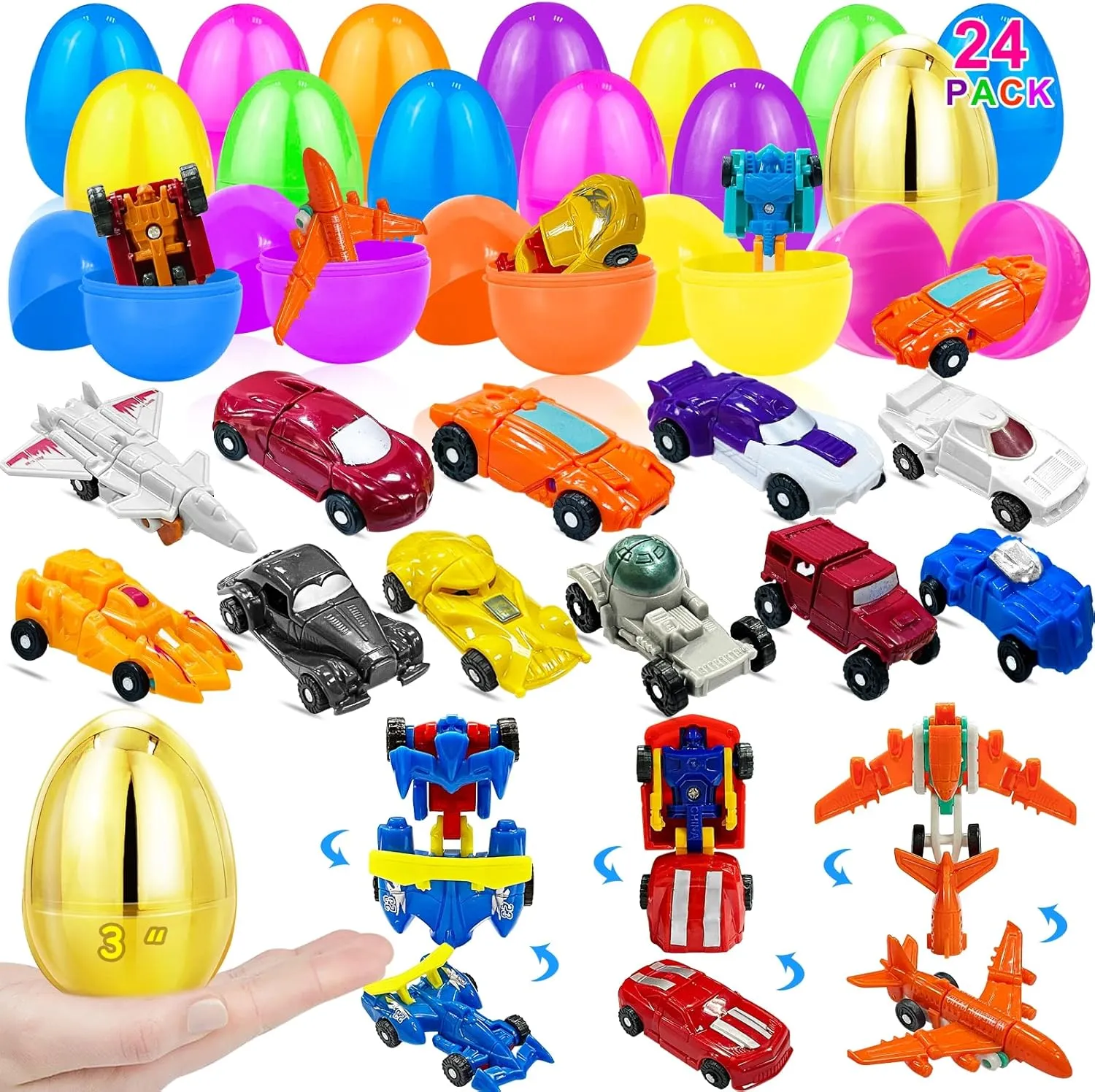 [ 1 Gold Egg ] 24 Pack Prefilled Easter Egg Filled with Transform Car Robot Toys, 24 Easter Eggs   24 Easter Toys for Kid, Easter Basket Stuffers Plastic Easter Egg for Boys 24 Vehicle Easter Egg Hunt