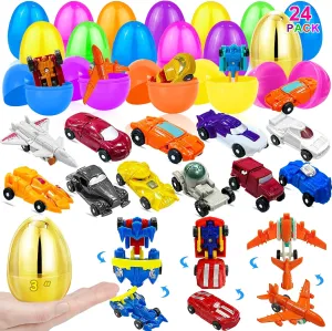 [ 1 Gold Egg ] 24 Pack Prefilled Easter Egg Filled with Transform Car Robot Toys, 24 Easter Eggs   24 Easter Toys for Kid, Easter Basket Stuffers Plastic Easter Egg for Boys 24 Vehicle Easter Egg Hunt
