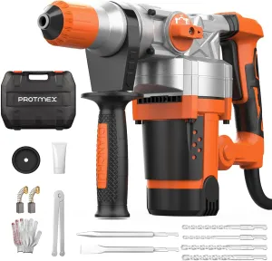 1-1/4 Inch SDS-Plus 13 Amp Heavy Duty Rotary Hammer Drill with Safety Clutch 2 Functions, Vibration Control, for Floor Tile Removal, Concrete Breaker, Including Grease, Chisels & Drill Bits