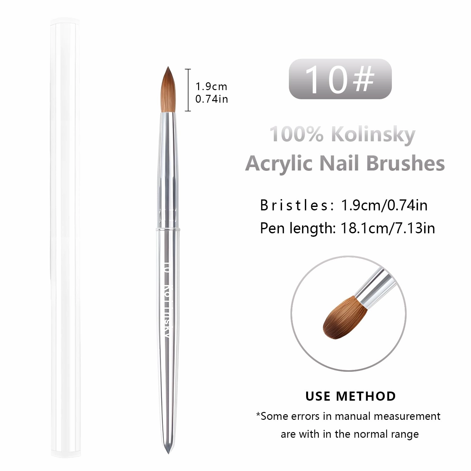 100% Kolinsky Acrylic Nail Brush, Soft Firm Bristle Brush for Acrylic Application, Fills, Powder, Nail Art, Extension, Gel Nails, Fine Lines, Outlines, for Beginner & Professional (10#)