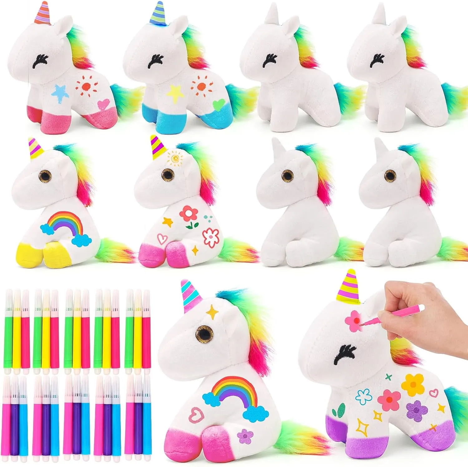 10Pcs Unicorn Party Favor Bulk Toys Mini Plush Unicorn Stuffed Animals with Coloured Pens Small Rainbow Unicorn Keychain for Birthday Wedding Christmas Goodie Bag Stuffer Party