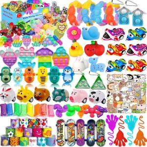 124 Pcs Party Favors for Kids 4-8-12, Pop Fidget Treasure Box Toys, Goodie Bag Fillers, Pinata Stuffers, Treasure Chest, Carnival Prizes, Prize Box Toys for Kids Classroom