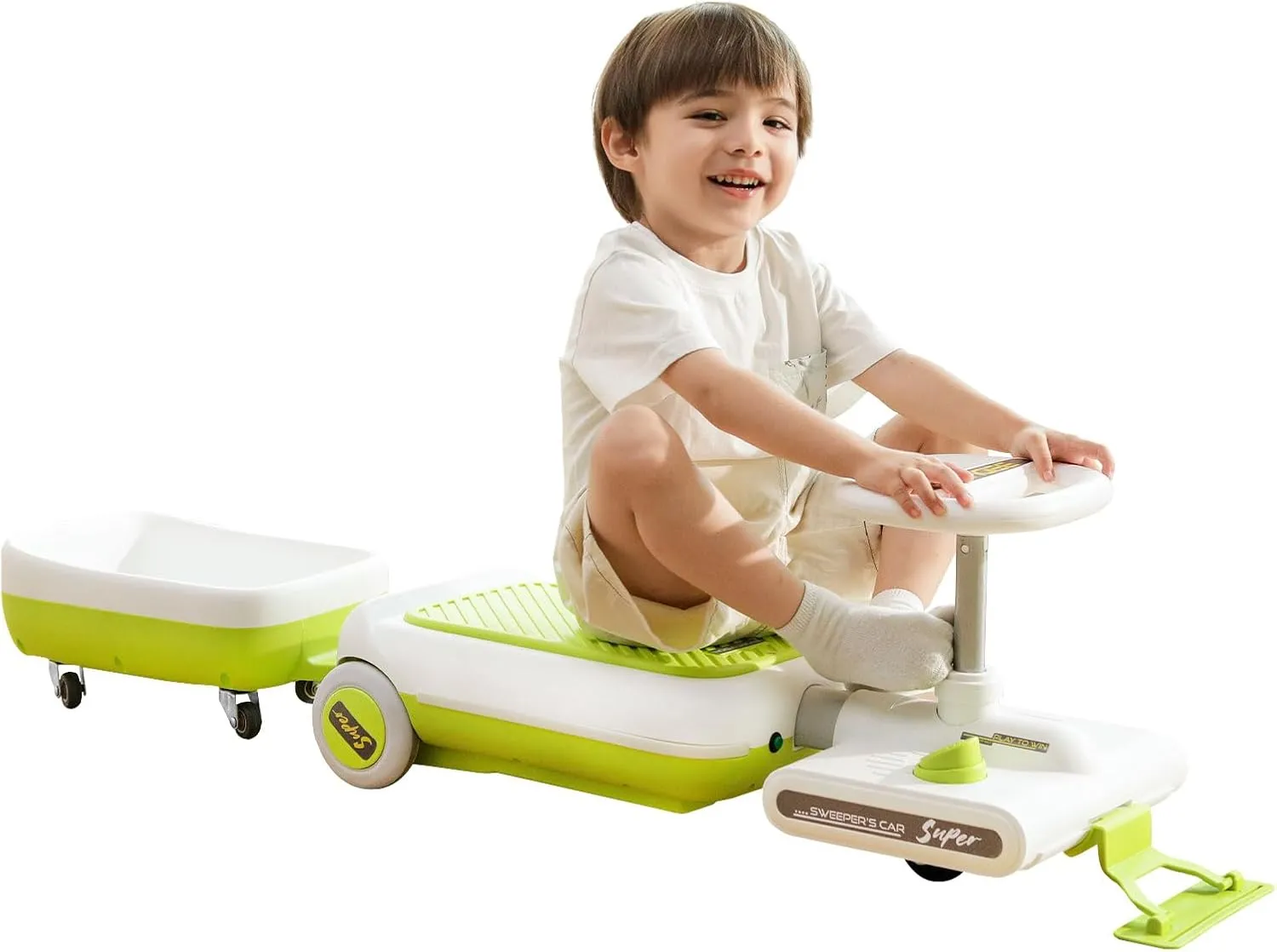 12V Electric Ride-On Car for Kids with Cleaning Fun | Go Kart | 3 in 1 Kids Electric Vehicle | Detachable Cleaner & LED Lights,Safe Toy for Ages 3-8, Indoor/Outdoor Use Safe & Educational Gift (Green)