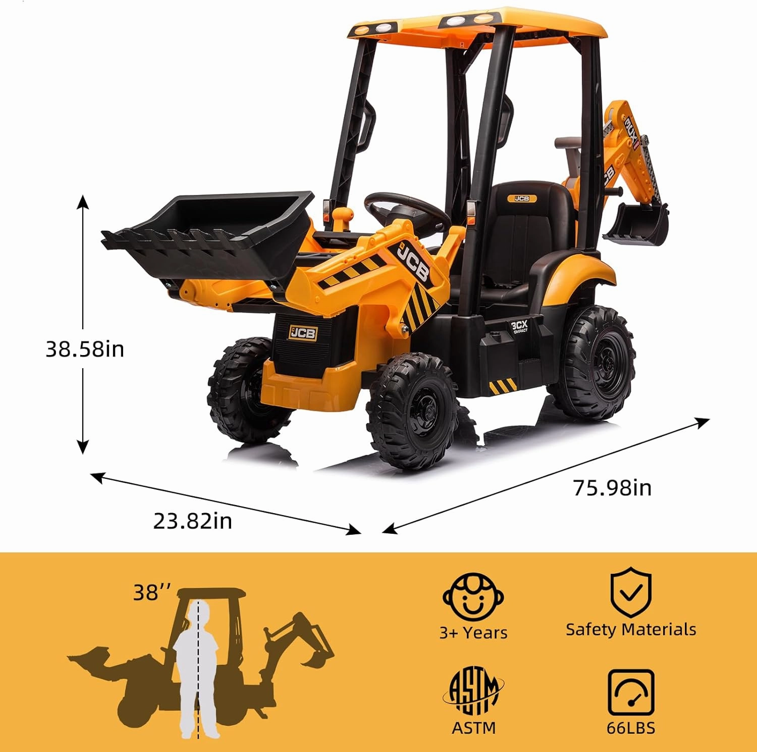 12V JCB Ride On Excavator, Ride on Toys for Kids 4-8, Electric Car for Kids with Tractor, Bulldozer, Digging Arm, Backhoe Toy Car with Slow Start/Stop, Adjustable Speeds (Excavator, Yellow with Roof)