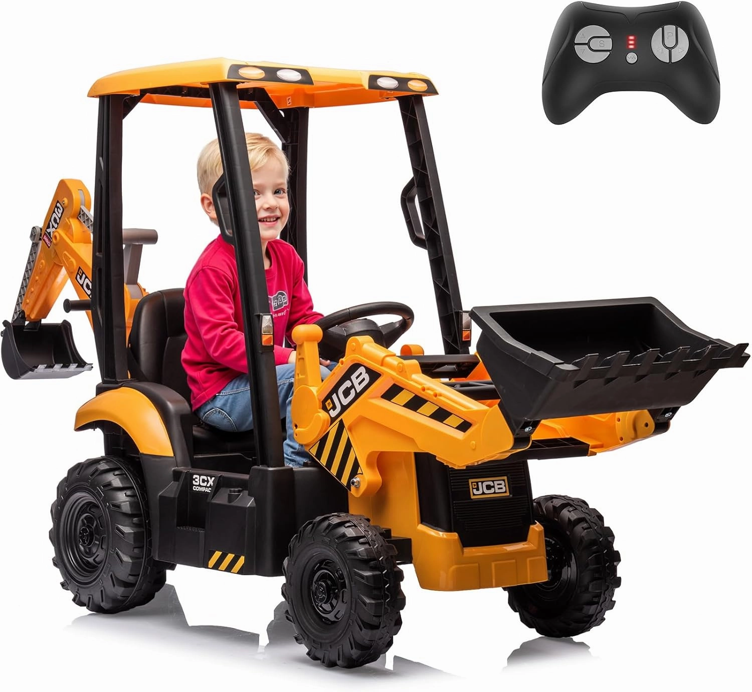 12V JCB Ride On Excavator, Ride on Toys for Kids 4-8, Electric Car for Kids with Tractor, Bulldozer, Digging Arm, Backhoe Toy Car with Slow Start/Stop, Adjustable Speeds (Excavator, Yellow with Roof)