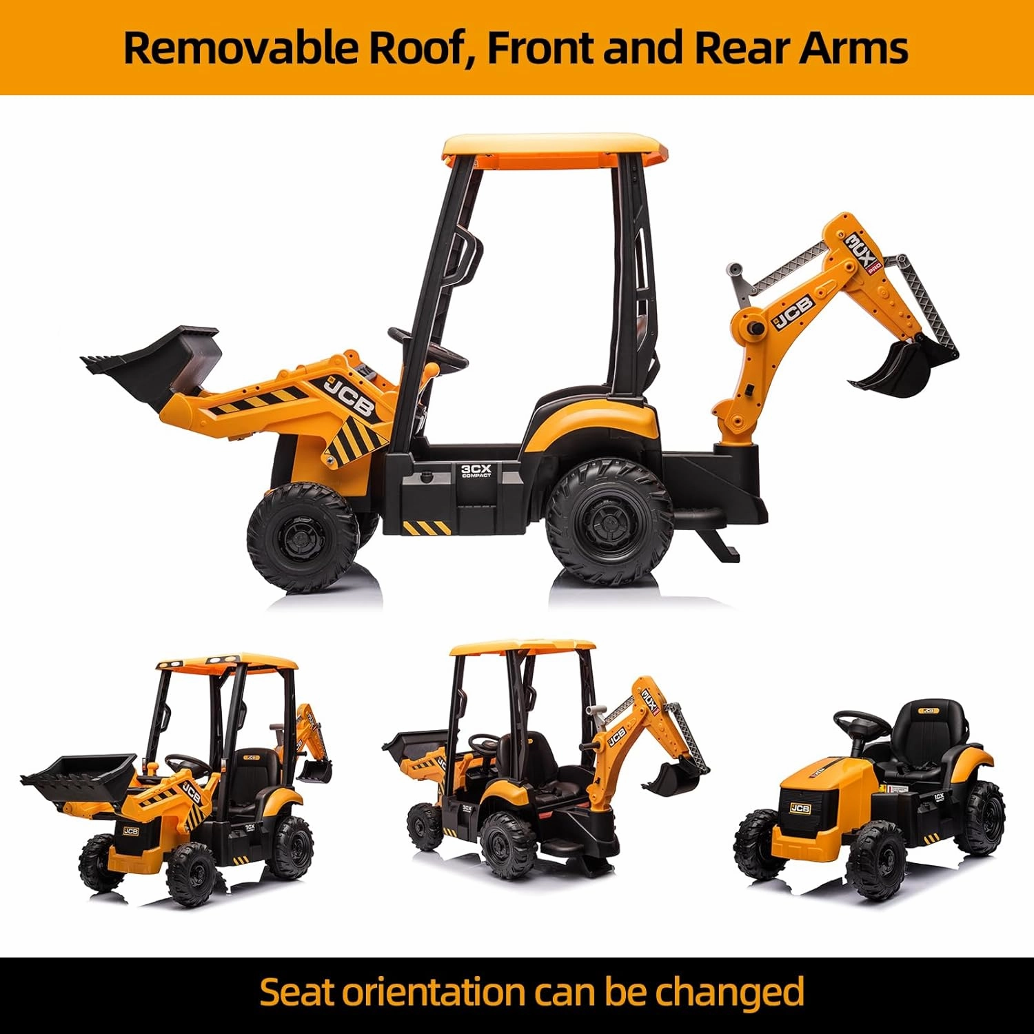 12V JCB Ride On Excavator, Ride on Toys for Kids 4-8, Electric Car for Kids with Tractor, Bulldozer, Digging Arm, Backhoe Toy Car with Slow Start/Stop, Adjustable Speeds (Excavator, Yellow with Roof)
