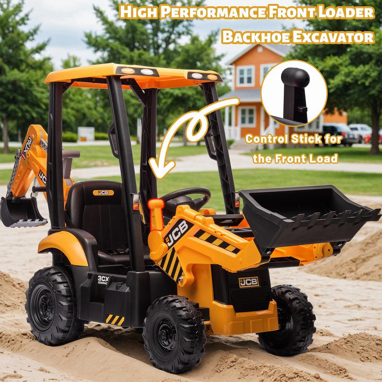 12V JCB Ride On Excavator, Ride on Toys for Kids 4-8, Electric Car for Kids with Tractor, Bulldozer, Digging Arm, Backhoe Toy Car with Slow Start/Stop, Adjustable Speeds (Excavator, Yellow with Roof)