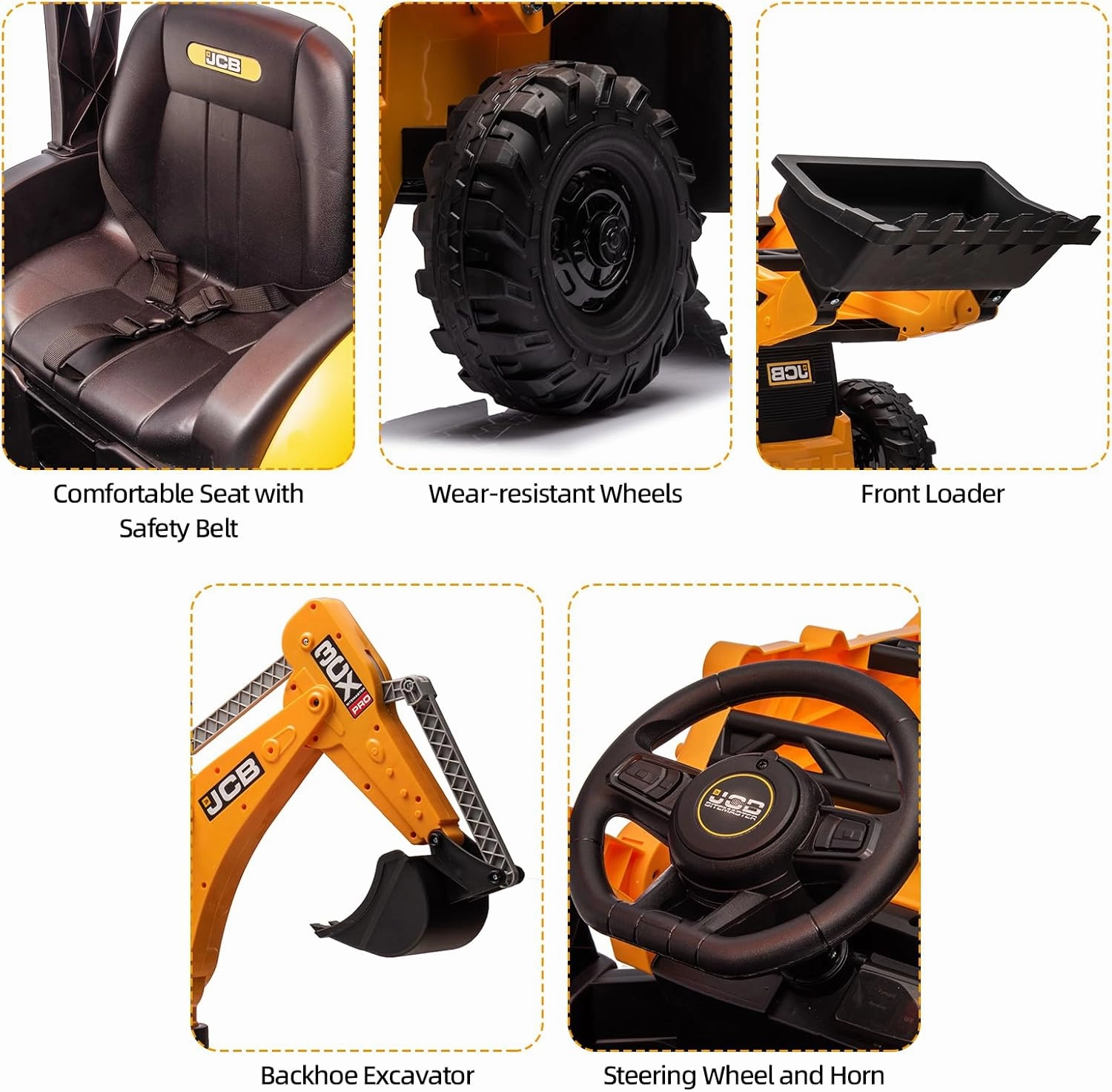 12V JCB Ride On Excavator, Ride on Toys for Kids 4-8, Electric Car for Kids with Tractor, Bulldozer, Digging Arm, Backhoe Toy Car with Slow Start/Stop, Adjustable Speeds (Excavator, Yellow with Roof)
