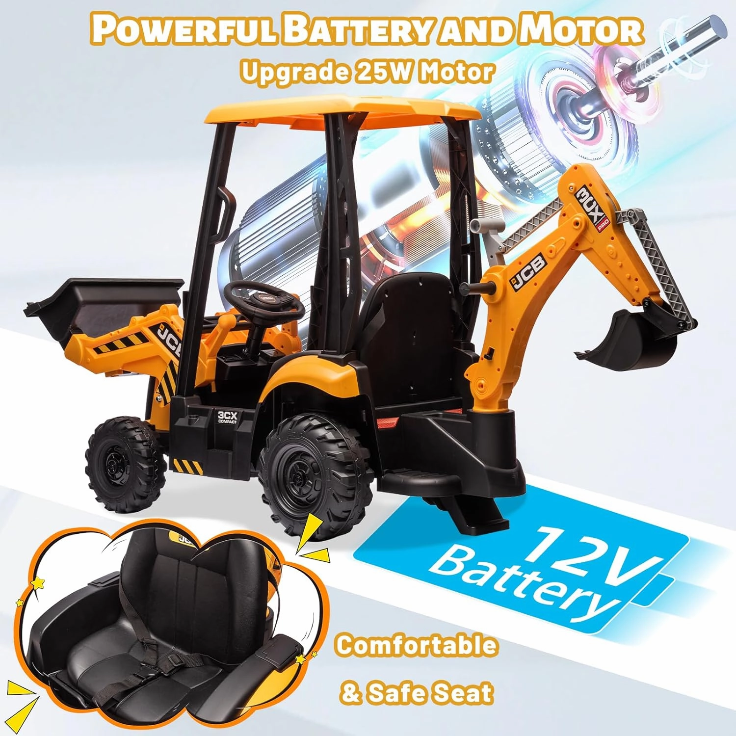 12V JCB Ride On Excavator, Ride on Toys for Kids 4-8, Electric Car for Kids with Tractor, Bulldozer, Digging Arm, Backhoe Toy Car with Slow Start/Stop, Adjustable Speeds (Excavator, Yellow with Roof)