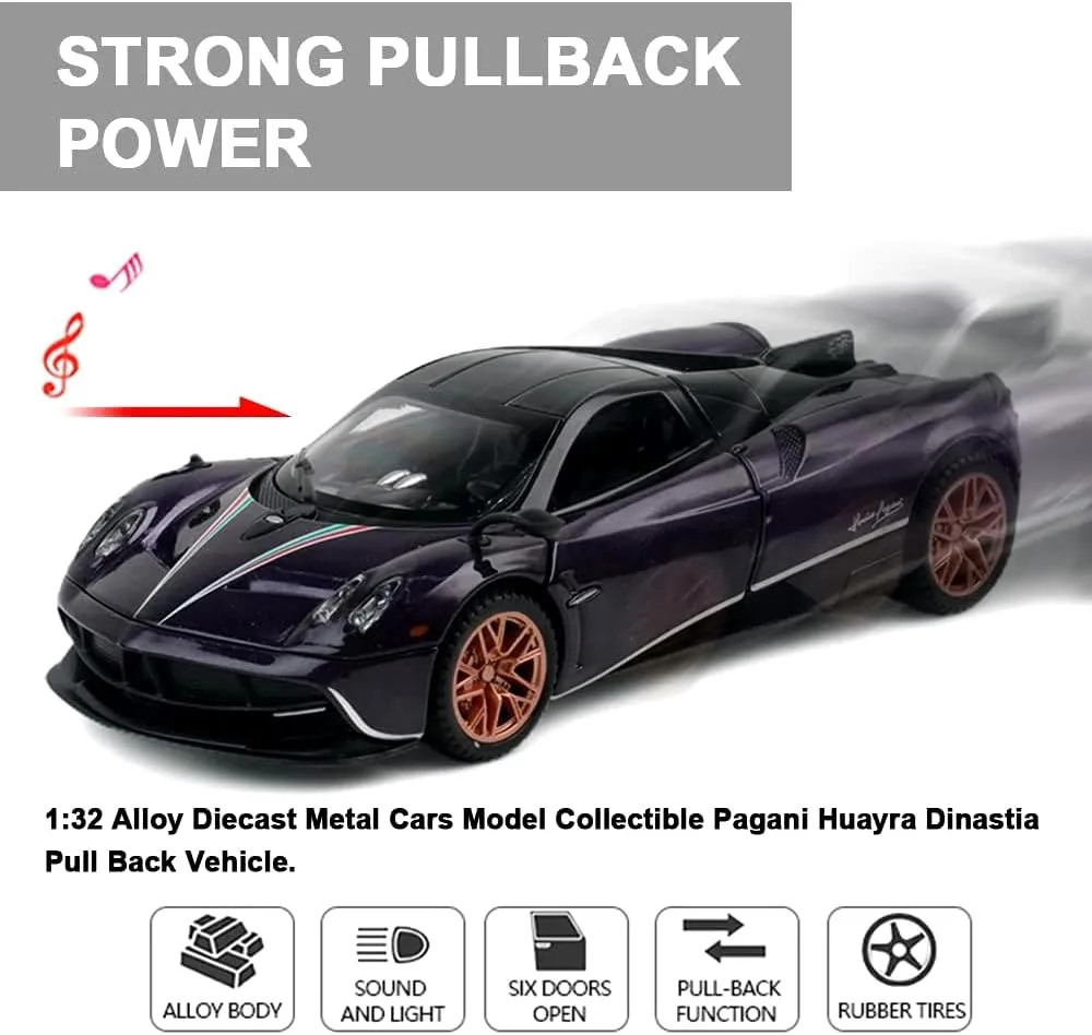 1:32 Alloy DieCast Metal Cars Model Collectible Pagani Huayra Dinastia Pull Back Vehicle, Pull Back Model Cars with Light and Sound，Children's Christmas Birthday Gifts,etc.(Purple)