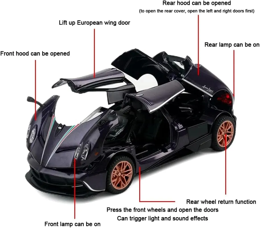 1:32 Alloy DieCast Metal Cars Model Collectible Pagani Huayra Dinastia Pull Back Vehicle, Pull Back Model Cars with Light and Sound，Children's Christmas Birthday Gifts,etc.(Purple)