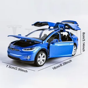 1:32 Scale Model X Alloy Car Diecast Vehicle with Lights and Music, Pull Back Toy for Kids, Mini Vehicles Gift, Children's Birthday Gift (Model X - Blue)
