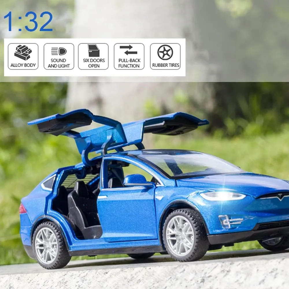 1:32 Scale Model X Alloy Car Diecast Vehicle with Lights and Music, Pull Back Toy for Kids, Mini Vehicles Gift, Children's Birthday Gift (Model X - Blue)