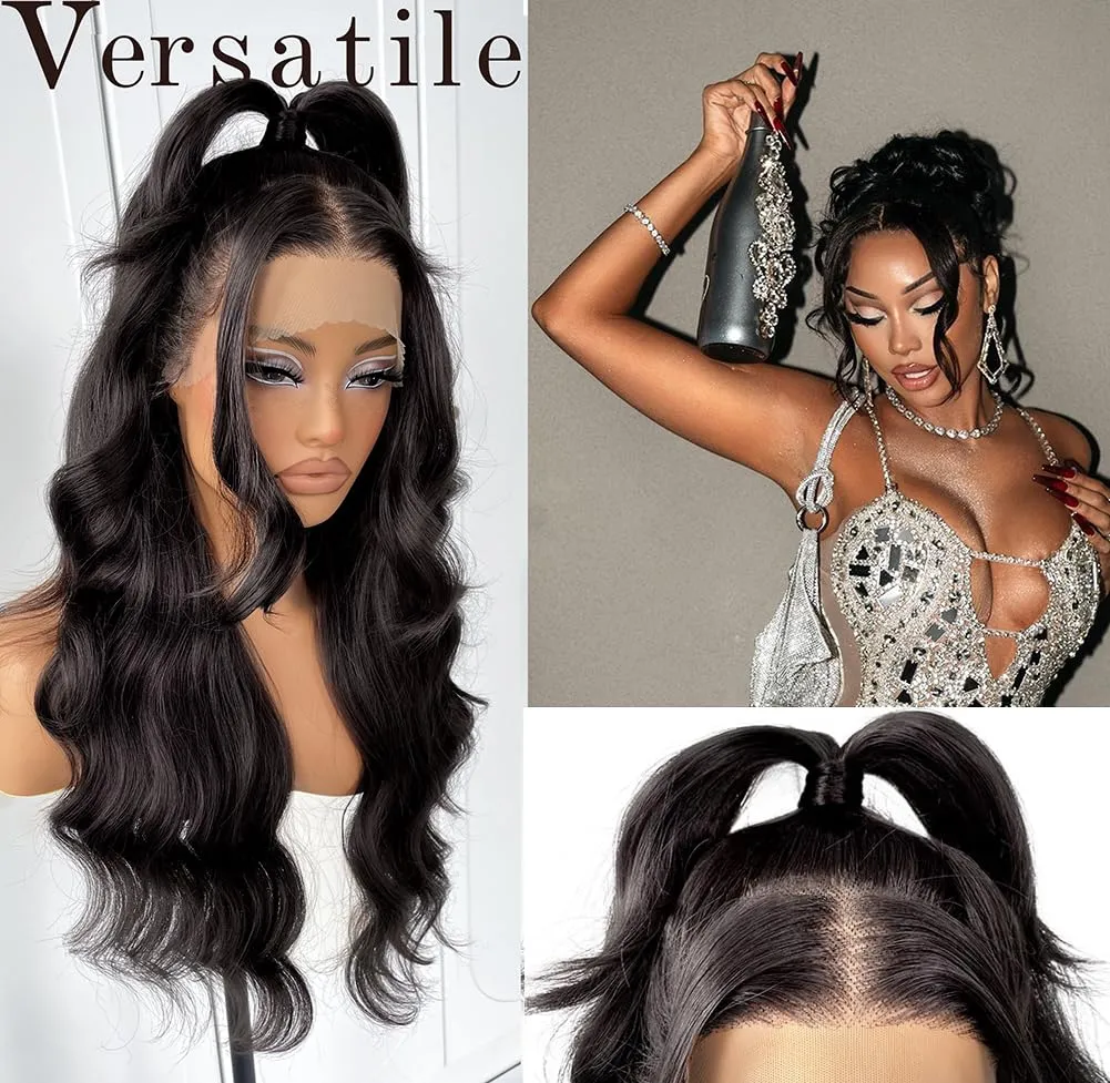 13x6 HD Glueless Synthetic Lace Front Wig Preplucked Ready to Wear Go 24inch Long Body Wave Lace Front Wigs For Black Women, 1B Natural Black