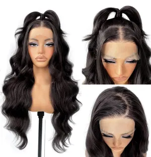13x6 HD Glueless Synthetic Lace Front Wig Preplucked Ready to Wear Go 24inch Long Body Wave Lace Front Wigs For Black Women, 1B Natural Black