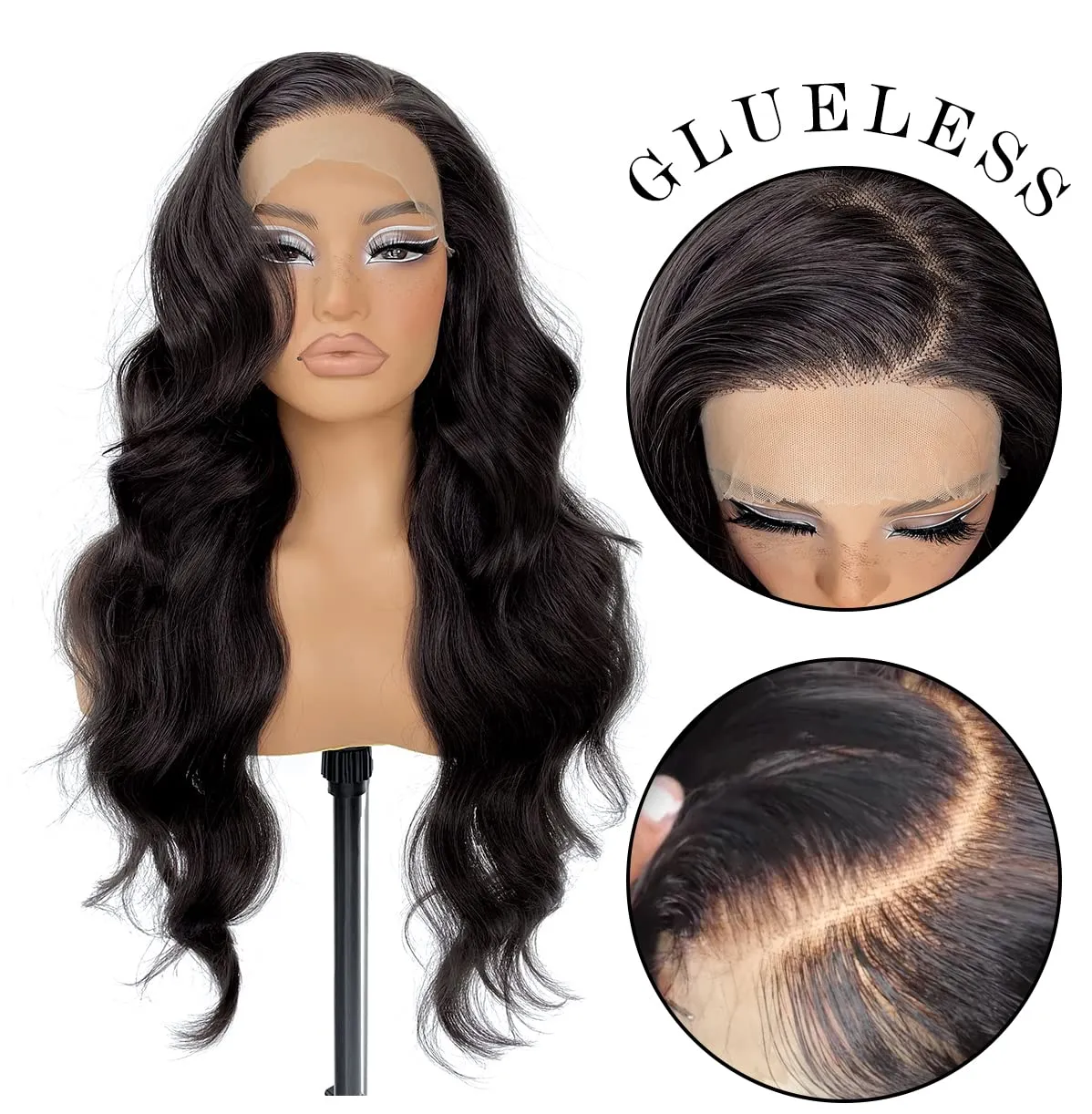 13x6 HD Glueless Synthetic Lace Front Wig Preplucked Ready to Wear Go 24inch Long Body Wave Lace Front Wigs For Black Women, 1B Natural Black