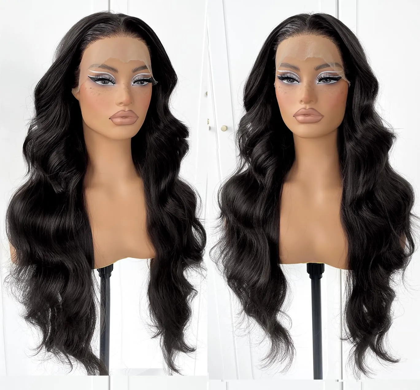 13x6 HD Glueless Synthetic Lace Front Wig Preplucked Ready to Wear Go 24inch Long Body Wave Lace Front Wigs For Black Women, 1B Natural Black