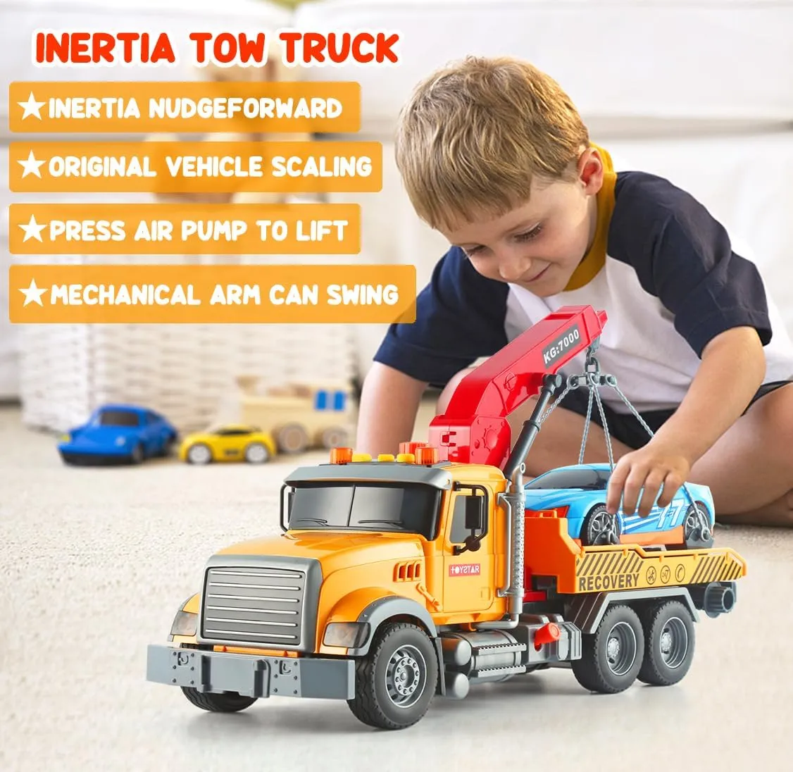 15" Tow Truck Toy Friction-Powered Transport Truck Crane, Lights and Sounds, Kids Toys for 3 4 5 6 7 Years Old Boys, with Hooks and Car, Pull Back Toy Toddlers Gifts (Tow Truck)
