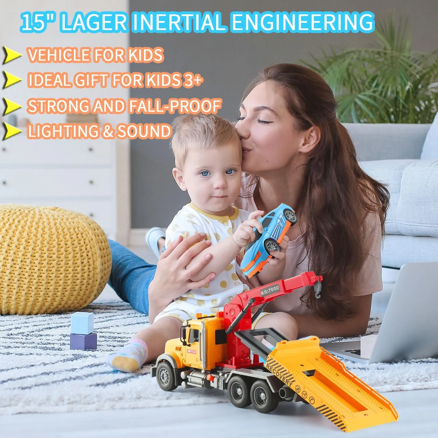 15" Tow Truck Toy Friction-Powered Transport Truck Crane, Lights and Sounds, Kids Toys for 3 4 5 6 7 Years Old Boys, with Hooks and Car, Pull Back Toy Toddlers Gifts (Tow Truck)