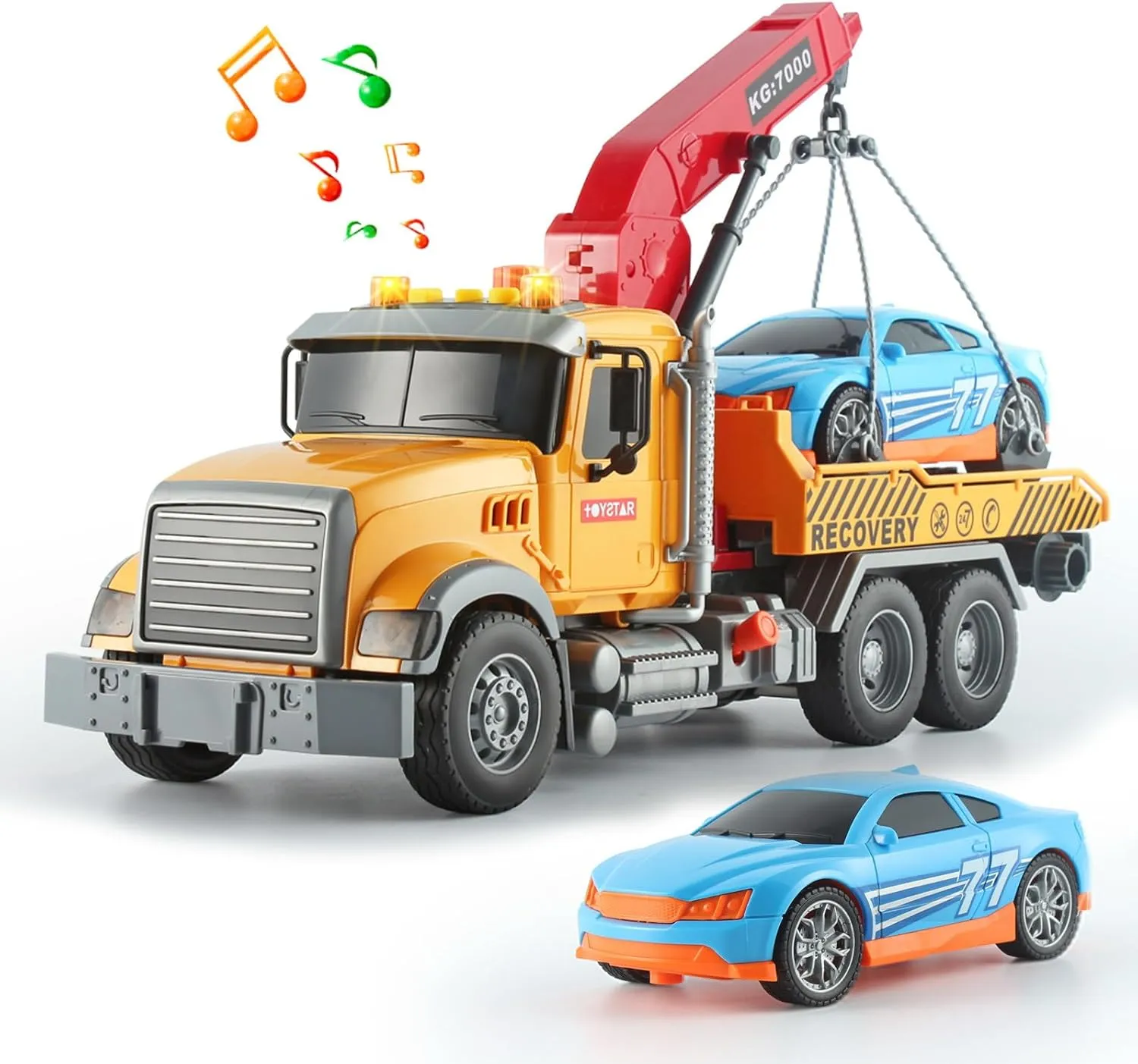 15" Tow Truck Toy Friction-Powered Transport Truck Crane, Lights and Sounds, Kids Toys for 3 4 5 6 7 Years Old Boys, with Hooks and Car, Pull Back Toy Toddlers Gifts (Tow Truck)