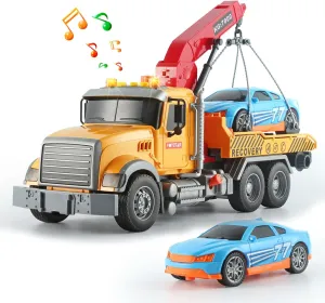15" Tow Truck Toy Friction-Powered Transport Truck Crane, Lights and Sounds, Kids Toys for 3 4 5 6 7 Years Old Boys, with Hooks and Car, Pull Back Toy Toddlers Gifts (Tow Truck)