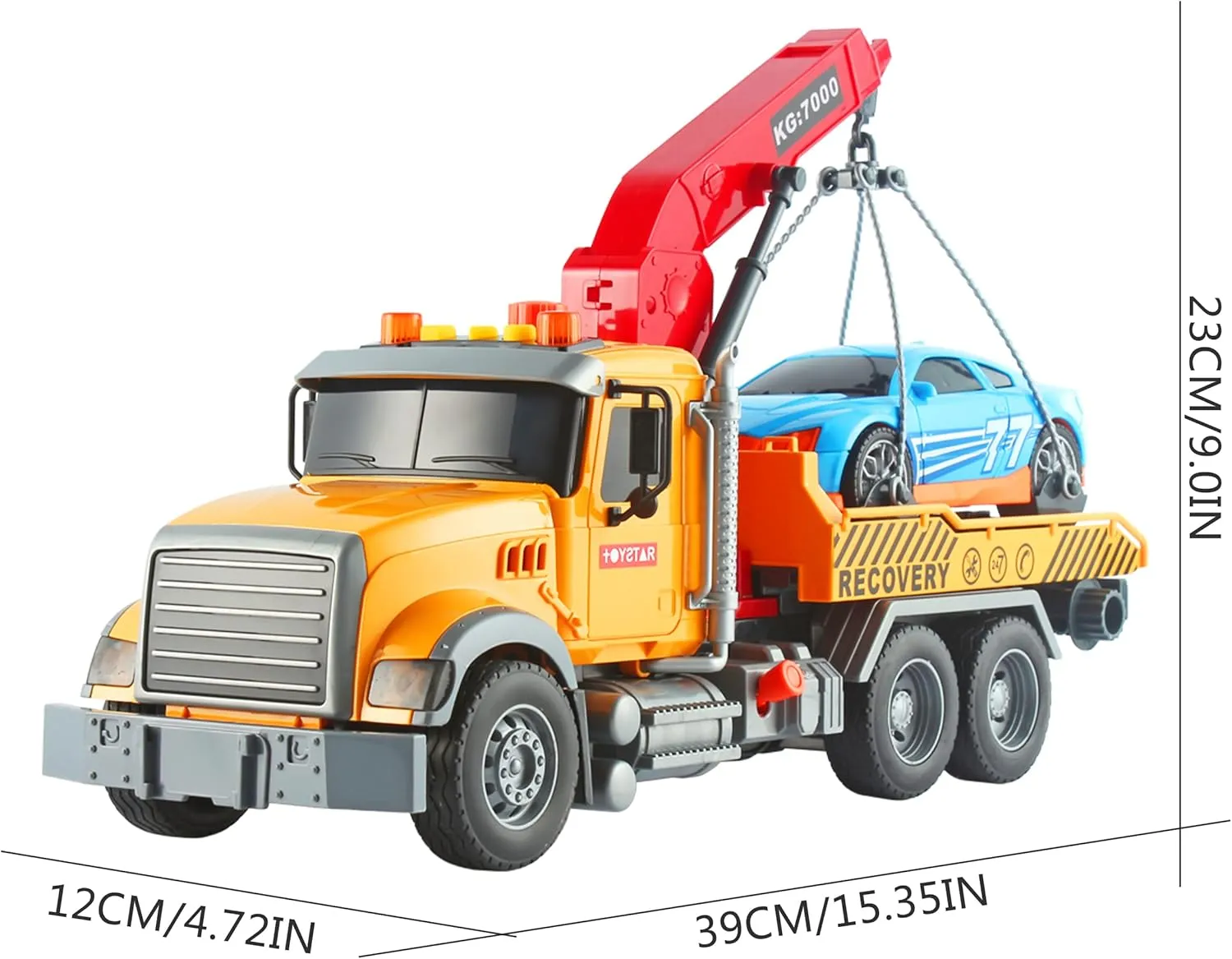 15" Tow Truck Toy Friction-Powered Transport Truck Crane, Lights and Sounds, Kids Toys for 3 4 5 6 7 Years Old Boys, with Hooks and Car, Pull Back Toy Toddlers Gifts (Tow Truck)