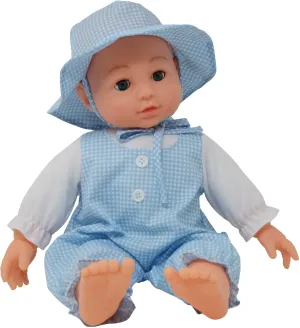 16 inch Realistic Baby Doll with Plush Body, Soft Vinyl Head & Extremities, Gingham Print Summer Outfit Bonnet Hat, Blinking Open & Close Eyes – Boxed 16” Kid’s Doll Gift for Toddler Girl, Boy (Blue)