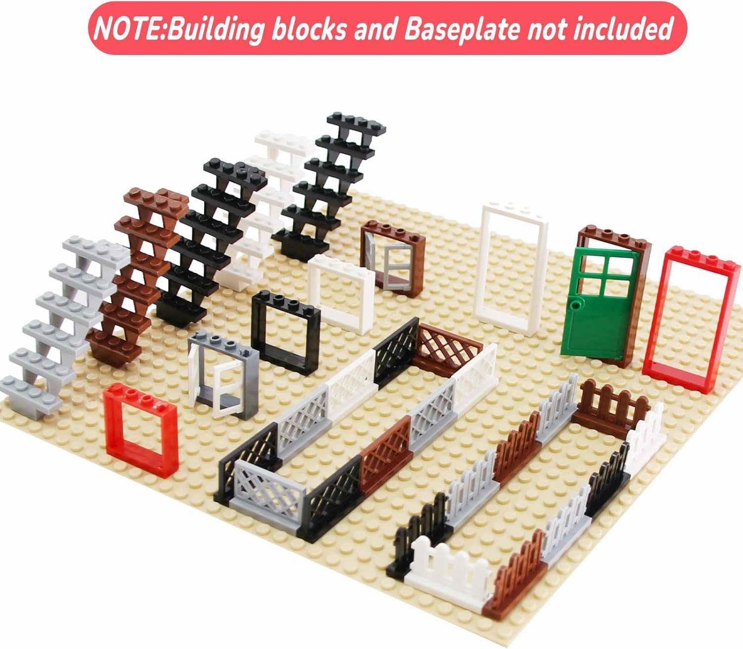 176 Pieces Windows and Doors Set,Building Blocks Accessories，City Garden Bricks Parts Bulk Pieces Compatible with Major Brands，Includes Stairs and Fences