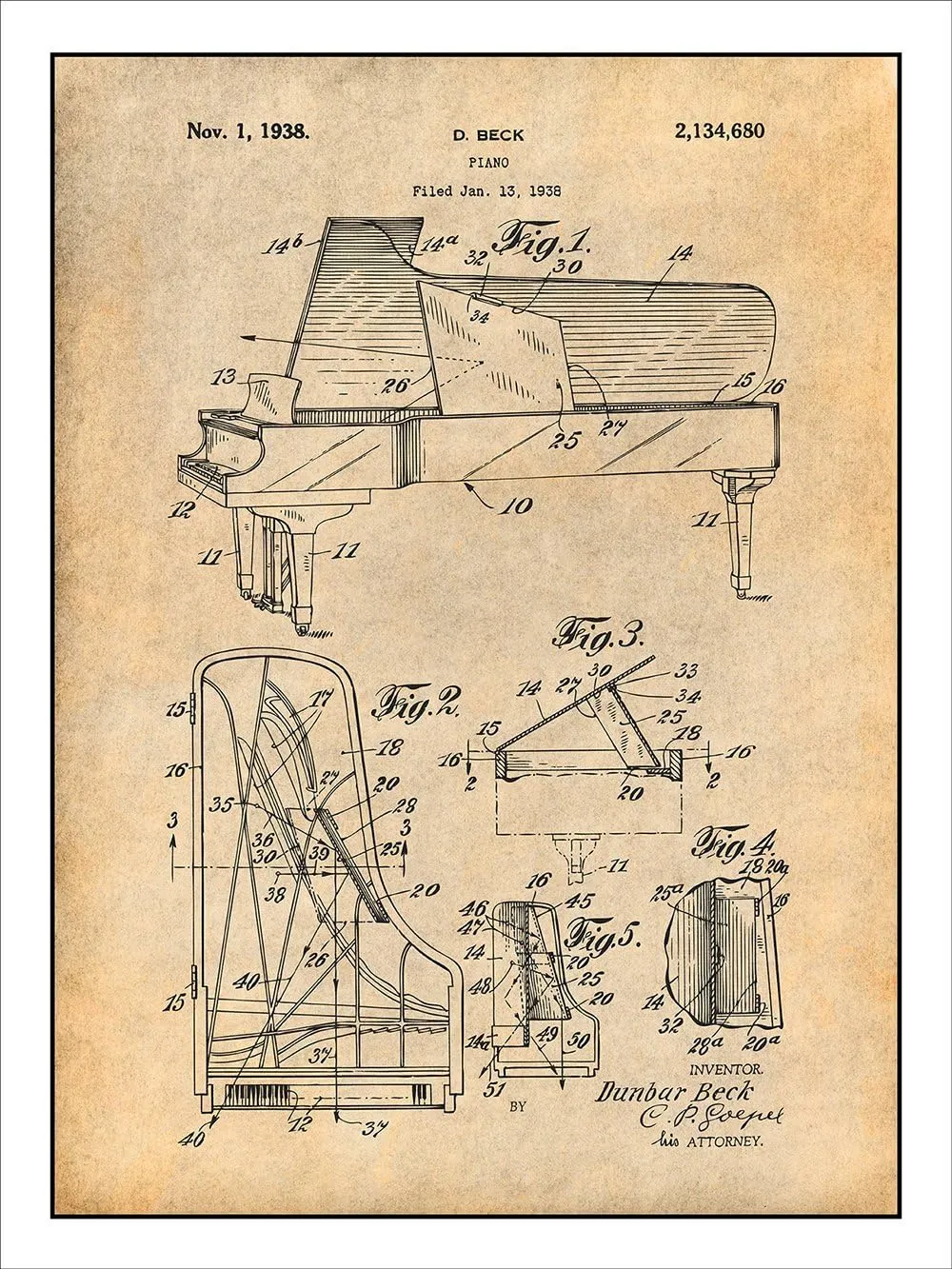 1938 Beck Steinway Grand Piano Patent Print Art Poster UNFRAMED Parchment 18" X 24"