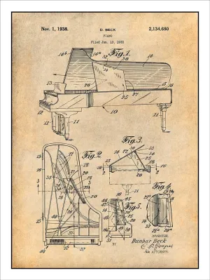 1938 Beck Steinway Grand Piano Patent Print Art Poster UNFRAMED Parchment 18" X 24"