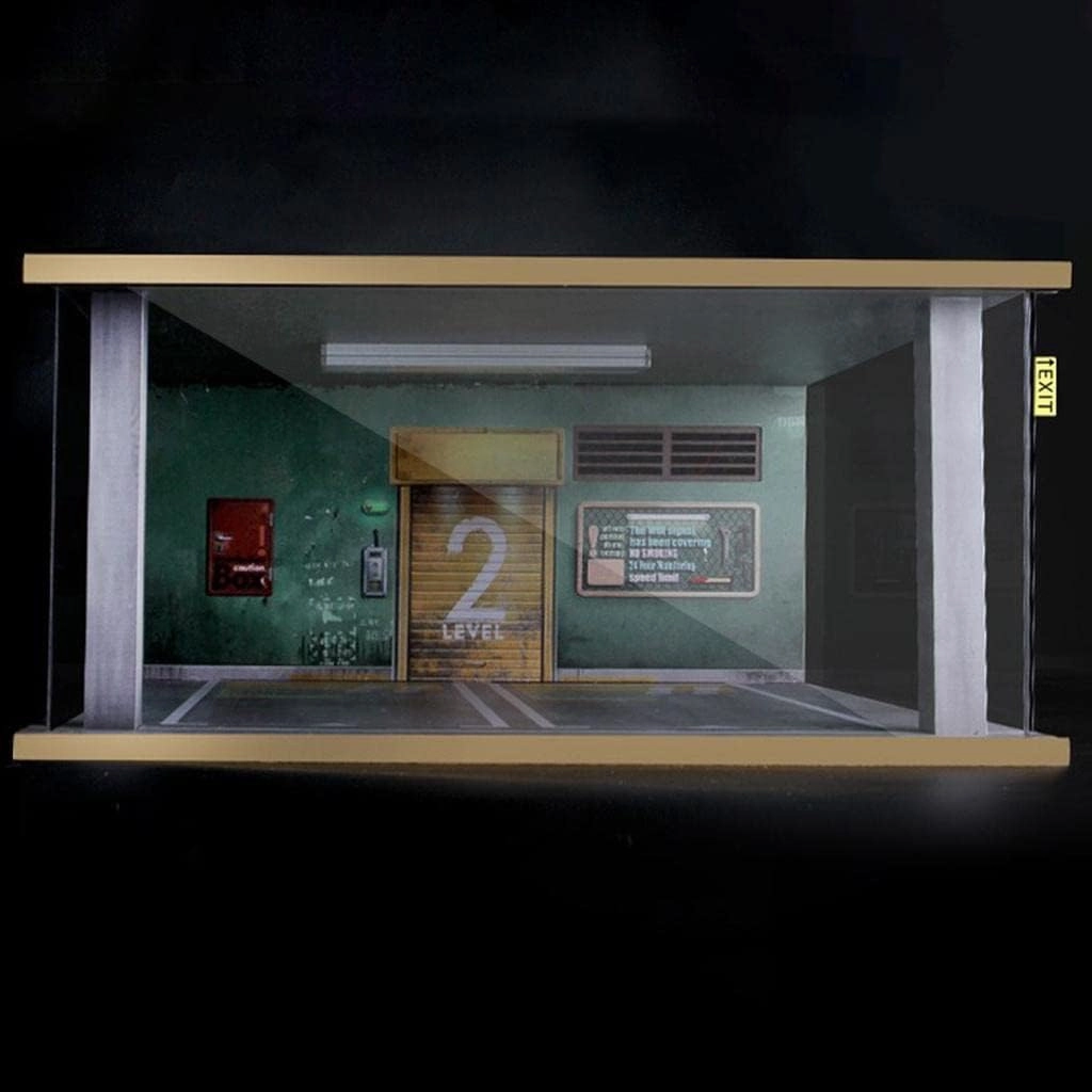 1/18 Mini Diorama Parking Garage w/LED s | Model Car Display w/ 120 LEDs | Wooden & Acrylic | 15.43x14.53x7.17inch | Collectible Home Decor | Garage Diorama - Green Wall
