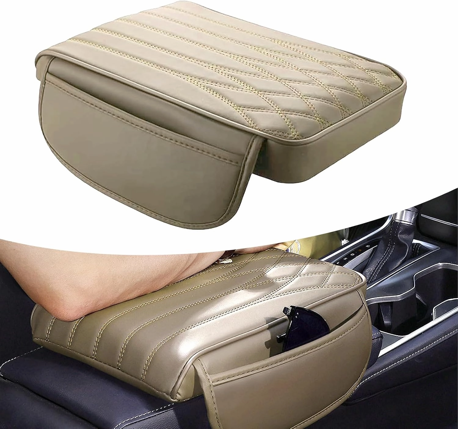 1 PC Car Armrest Cover, 12.59" x 8.66" x 1.96" Leather Center Console Protector Armrest Pad with Pocket, Automotive Decoration Accessories, Suitable for Most Cars, Trucks, SUVs (Beige)