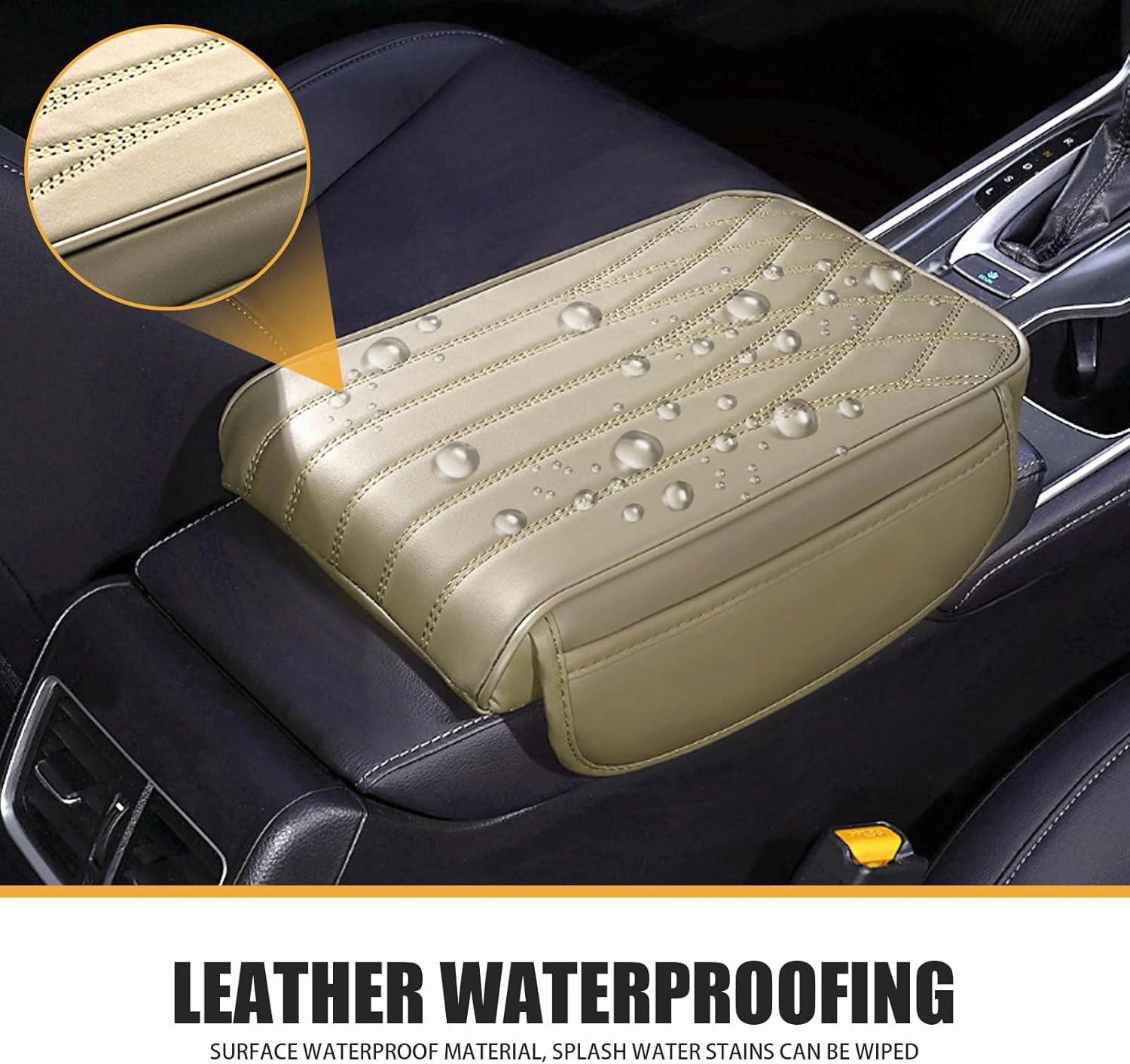 1 PC Car Armrest Cover, 12.59" x 8.66" x 1.96" Leather Center Console Protector Armrest Pad with Pocket, Automotive Decoration Accessories, Suitable for Most Cars, Trucks, SUVs (Beige)