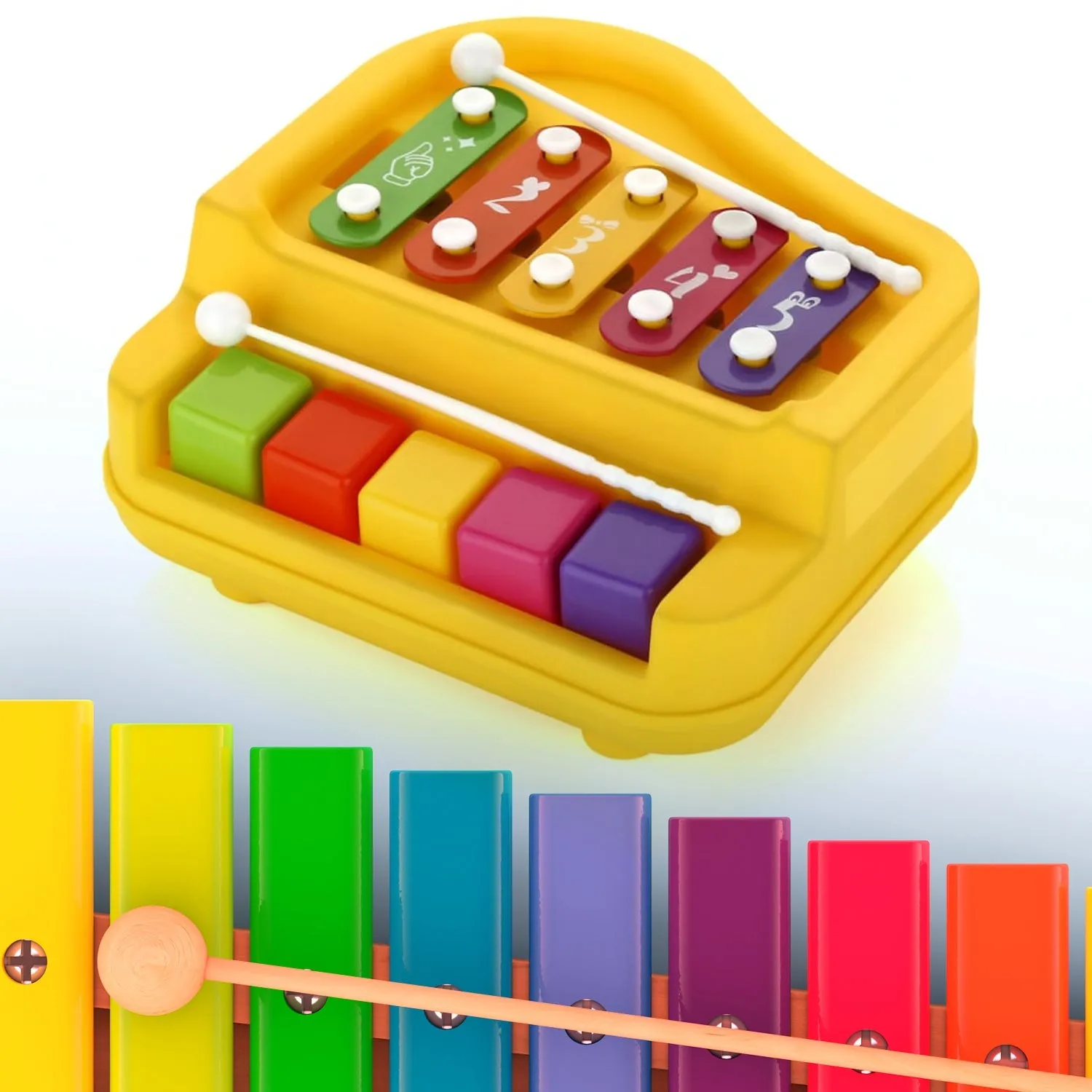 2 in 1 Baby Piano Xylophone Toy for Toddlers, 5 Multicolored Key Keyboard Xylophone Piano, Preschool Educational Musical Learning Instruments Toy for Baby Kids Girls Boys 3  Years (1 Pc)