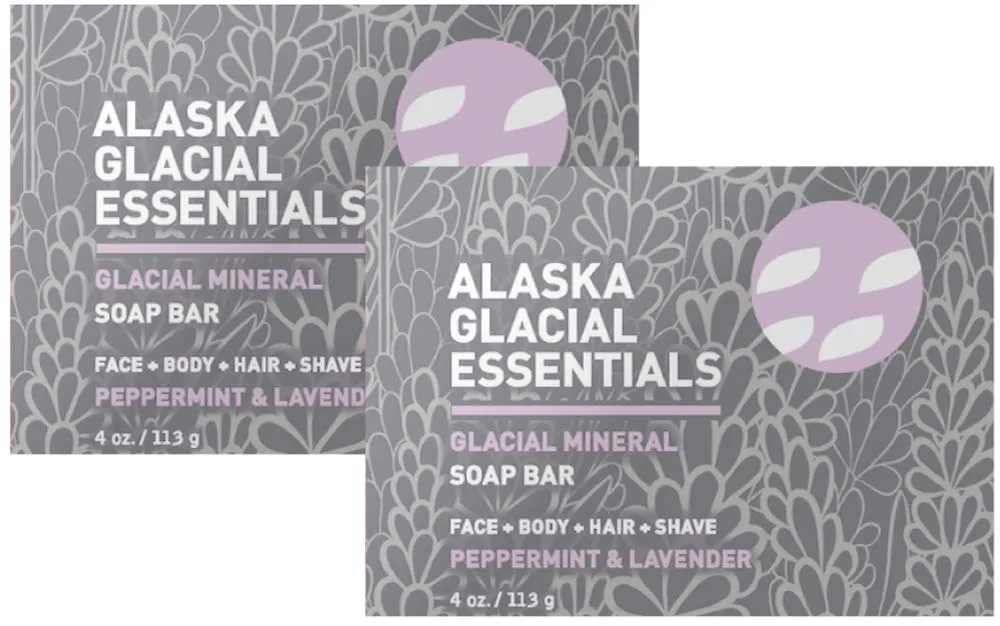 2-pack Glacial Mineral Soap Bar PEPPERMINT & LAVENDER Exfoliates Dead Skin Cells, Detoxifies Pores, Softens Skin 4oz
