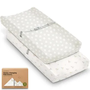 2-Pack Organic Changing Pad Covers for Girl, Boy, Neutral - 100% Cotton Changing Table Pad Cover, Soft Baby Nursery Diaper Changing Pad Sheets, Contour Changing Pads Liners, Change Pad Cover (Meadow)