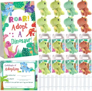 20 Set Adopt A Puppy Favors 20 Small Stuffed Puppy Plush Dogs Bulk with 20 Kraft Paper Boxes 20 Adoption Cards 1 White Fence and 1 Paper Sign for Adopt A Pet Party(Dinosaur)