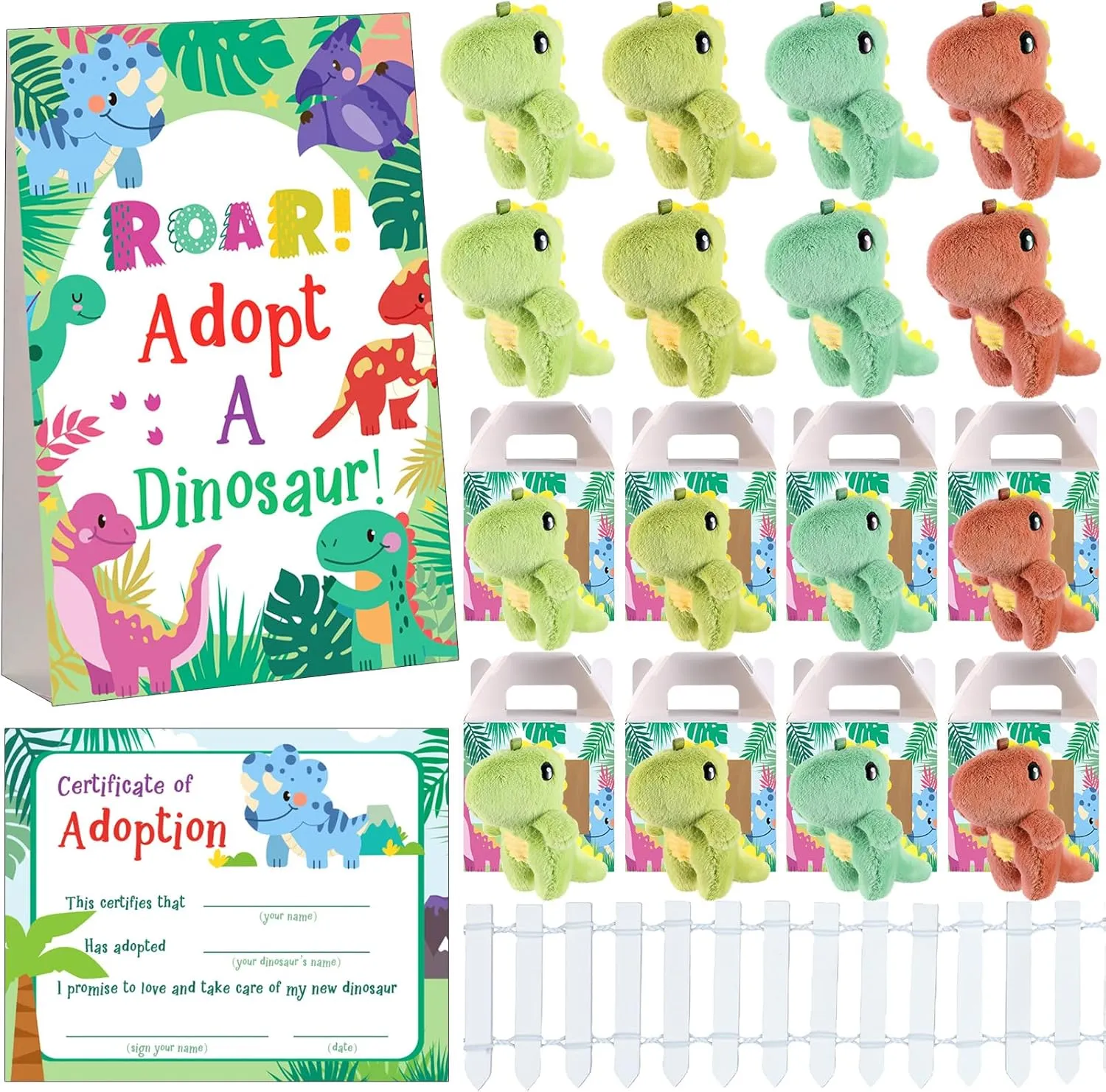 20 Set Adopt A Puppy Favors 20 Small Stuffed Puppy Plush Dogs Bulk with 20 Kraft Paper Boxes 20 Adoption Cards 1 White Fence and 1 Paper Sign for Adopt A Pet Party(Dinosaur)