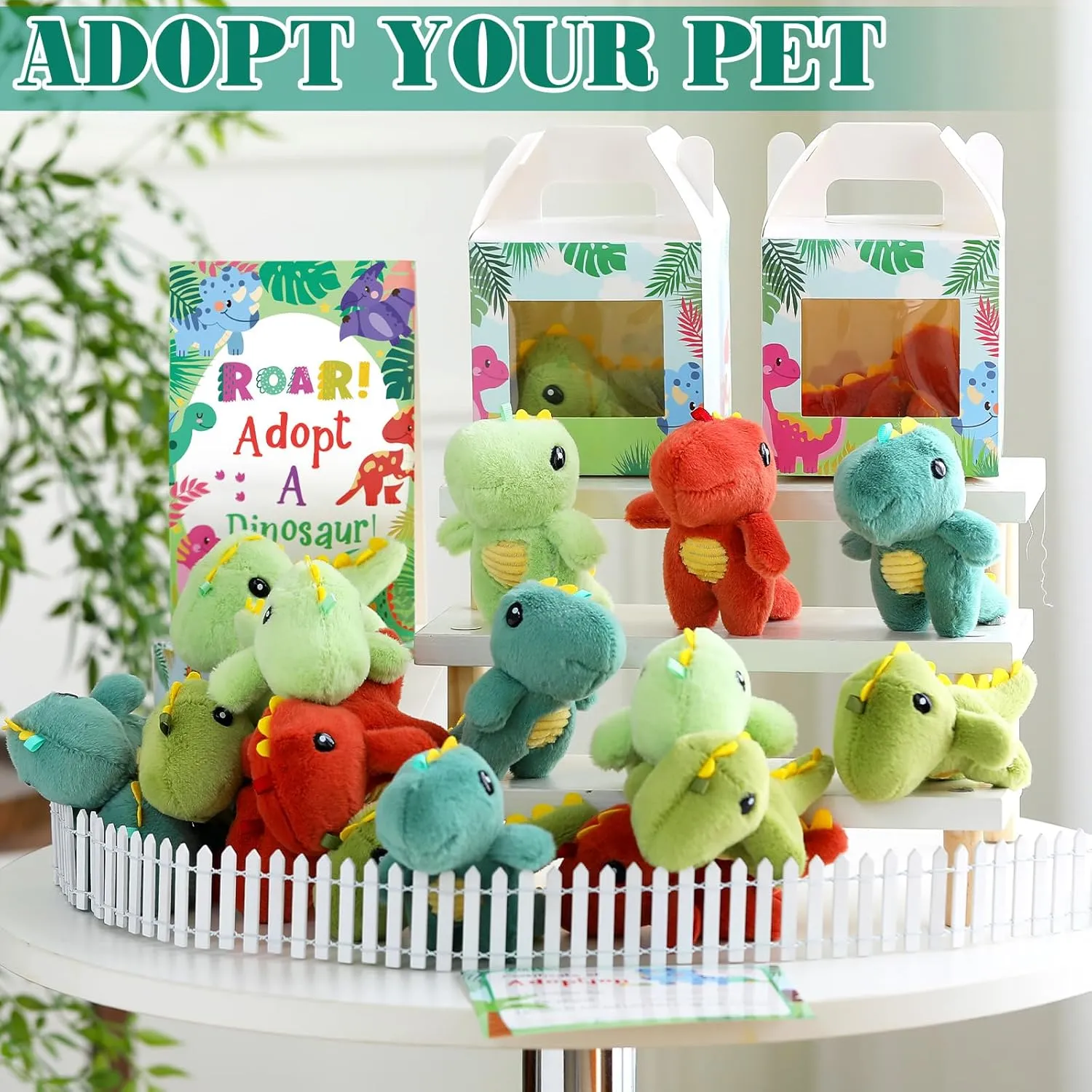 20 Set Adopt A Puppy Favors 20 Small Stuffed Puppy Plush Dogs Bulk with 20 Kraft Paper Boxes 20 Adoption Cards 1 White Fence and 1 Paper Sign for Adopt A Pet Party(Dinosaur)