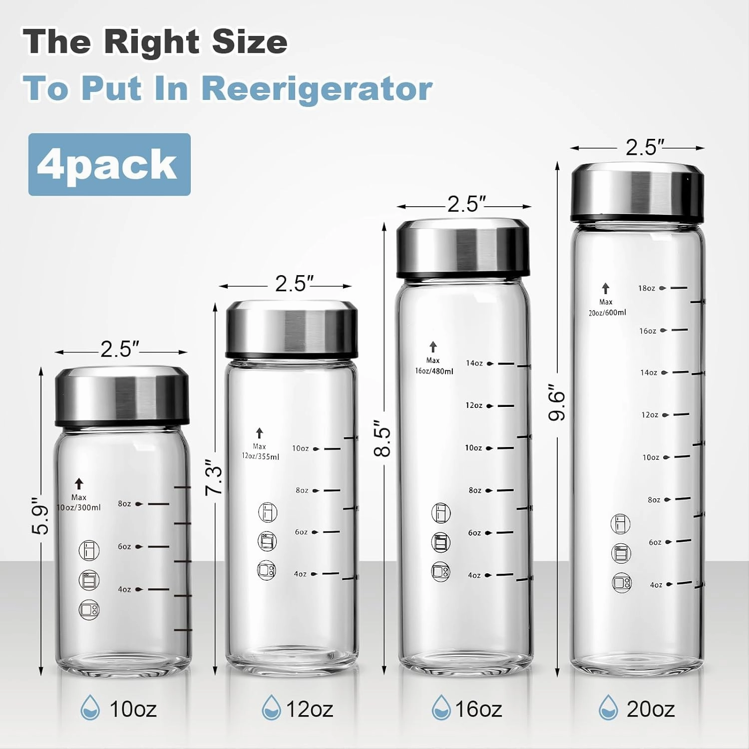 20oz Juice Bottles - 4 Pack Wide Mouth Glass Bottles with Lids- BPA Free, Stainless Steel Lids for Juicing, Smoothies, Infused Water, Beverage Storage - Leakproof, Borosilicate, Clear