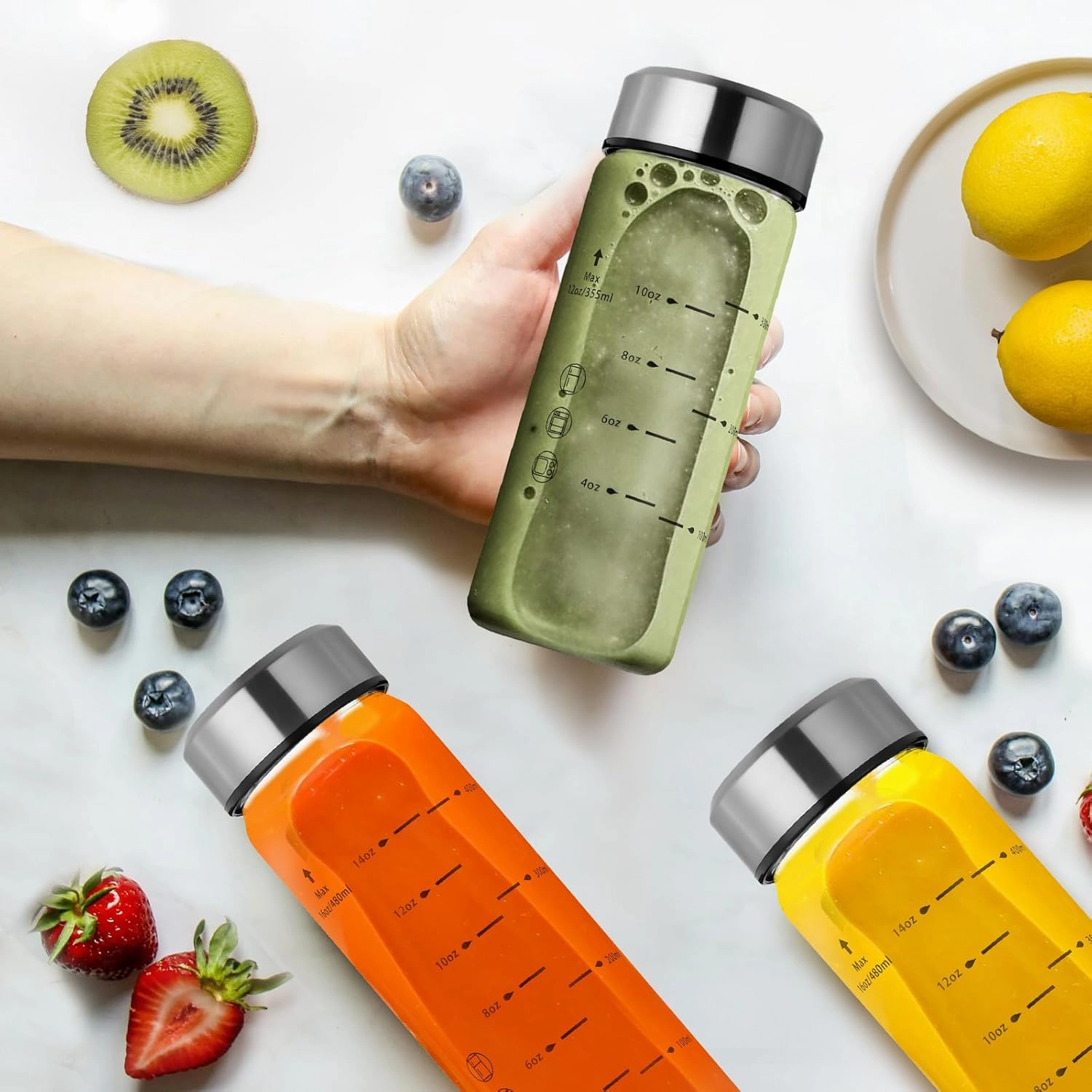 20oz Juice Bottles - 4 Pack Wide Mouth Glass Bottles with Lids- BPA Free, Stainless Steel Lids for Juicing, Smoothies, Infused Water, Beverage Storage - Leakproof, Borosilicate, Clear