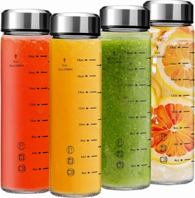 20oz Juice Bottles - 4 Pack Wide Mouth Glass Bottles with Lids- BPA Free, Stainless Steel Lids for Juicing, Smoothies, Infused Water, Beverage Storage - Leakproof, Borosilicate, Clear