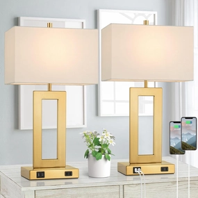22’’ Table Lamps for Bedrooms Set of 2, Gold Bedside USB Desk Lamp with AC Outlet, Touch Control Modern Vintage Living Room Table Lamp for Nightstand End Table, 3-Way Dimming with 2 E26 Edison Bulbs