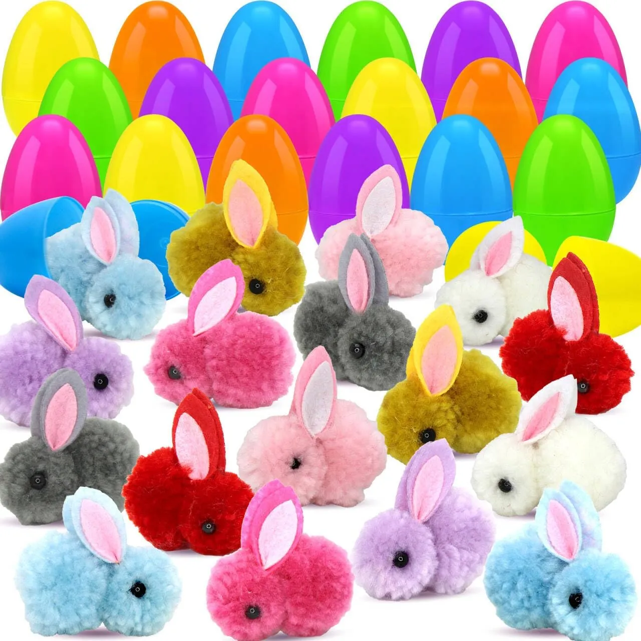 24 Pack Easter Eggs Fillers with Plush Bunny Toys Inside for Easter Eggs Hunt, Easter Basket Stuffers Fillers, Easter Classroom Prize Supplies