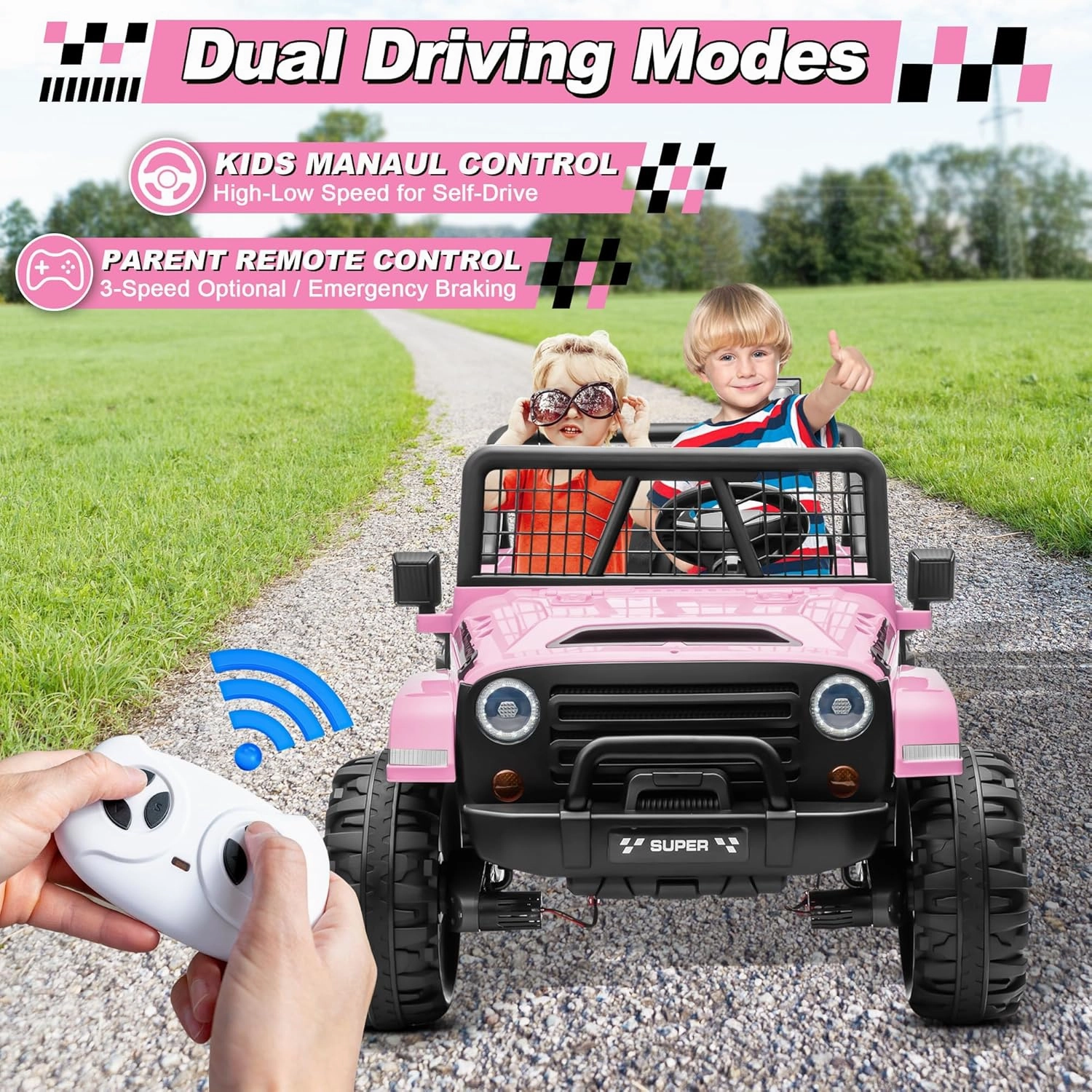 24V XL Ride on Car with Remote Control, 2 Seater 4WD/2WD Switchable Electric Car for Kids w/20 Inch Wide Seat, Gift Flower, 4X200W Power Car Wheels 24 Volt Big Trucks for Boys Girls, Pink