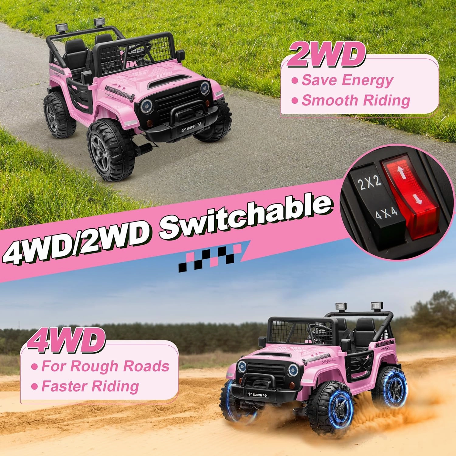 24V XL Ride on Car with Remote Control, 2 Seater 4WD/2WD Switchable Electric Car for Kids w/20 Inch Wide Seat, Gift Flower, 4X200W Power Car Wheels 24 Volt Big Trucks for Boys Girls, Pink