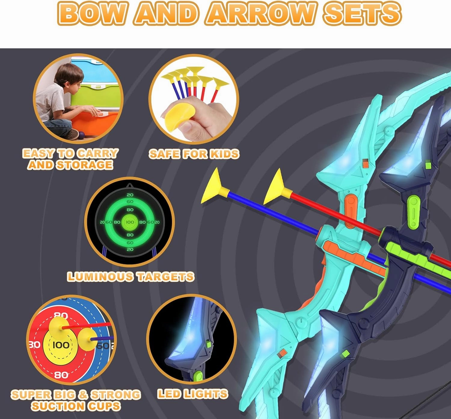2 Pack Kids Bow and Arrow Set with LED Flash Lights, 14 Suction Cup Arrows and Fluorescence Standing Target-Perfect Indoor and Outdoor Archery Set Toy Gift for Boys and Girls Ages 4-12