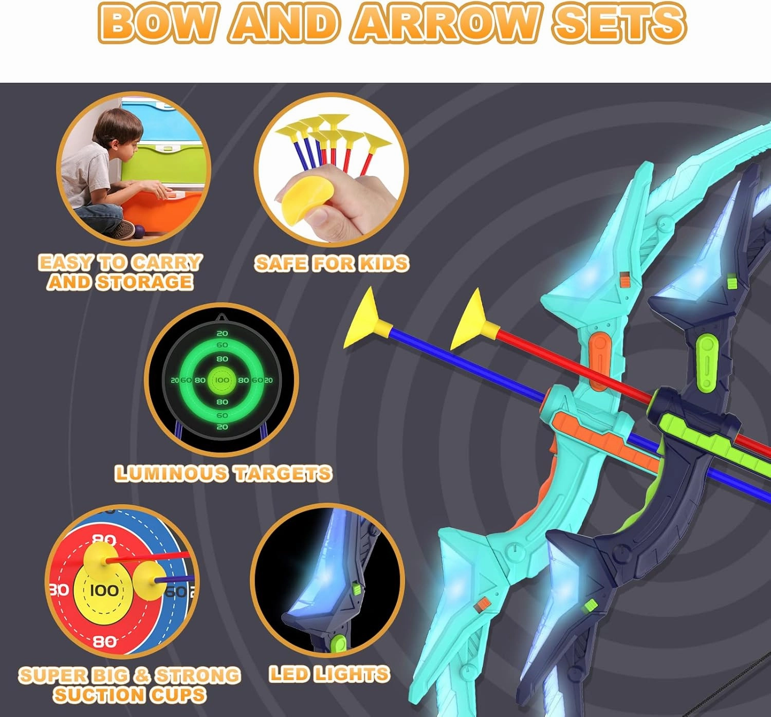 2 Pack Kids Bow and Arrow Set with LED Flash Lights, 14 Suction Cup Arrows and Fluorescence Standing Target-Perfect Indoor and Outdoor Archery Set Toy Gift for Boys and Girls Ages 4-12