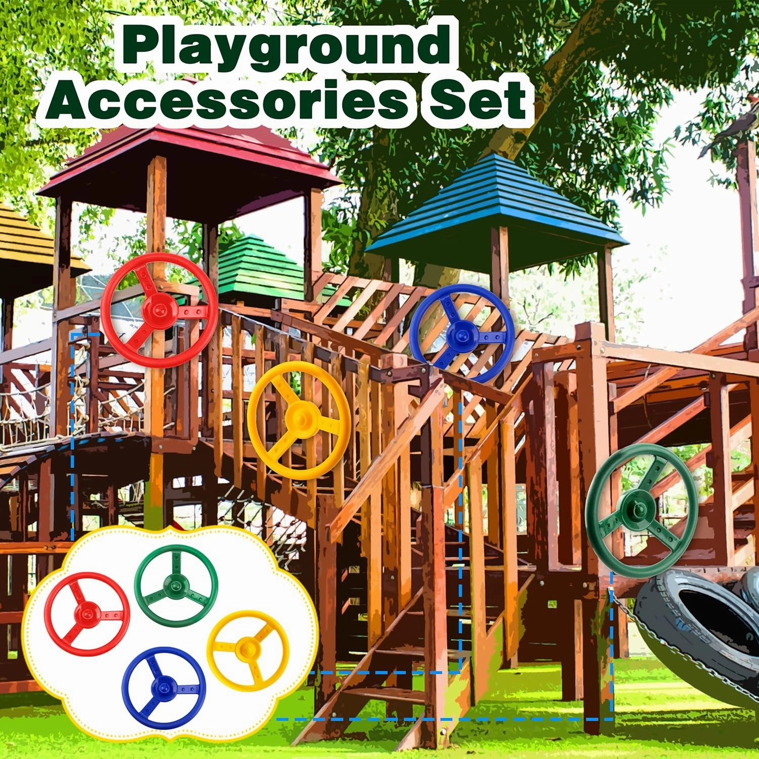 2 Pack Steering Wheel Playset Plastic Pirate Ships Wheel with Mounting Tools for Kids Playground Outdoor Gym (Yellow, Red)