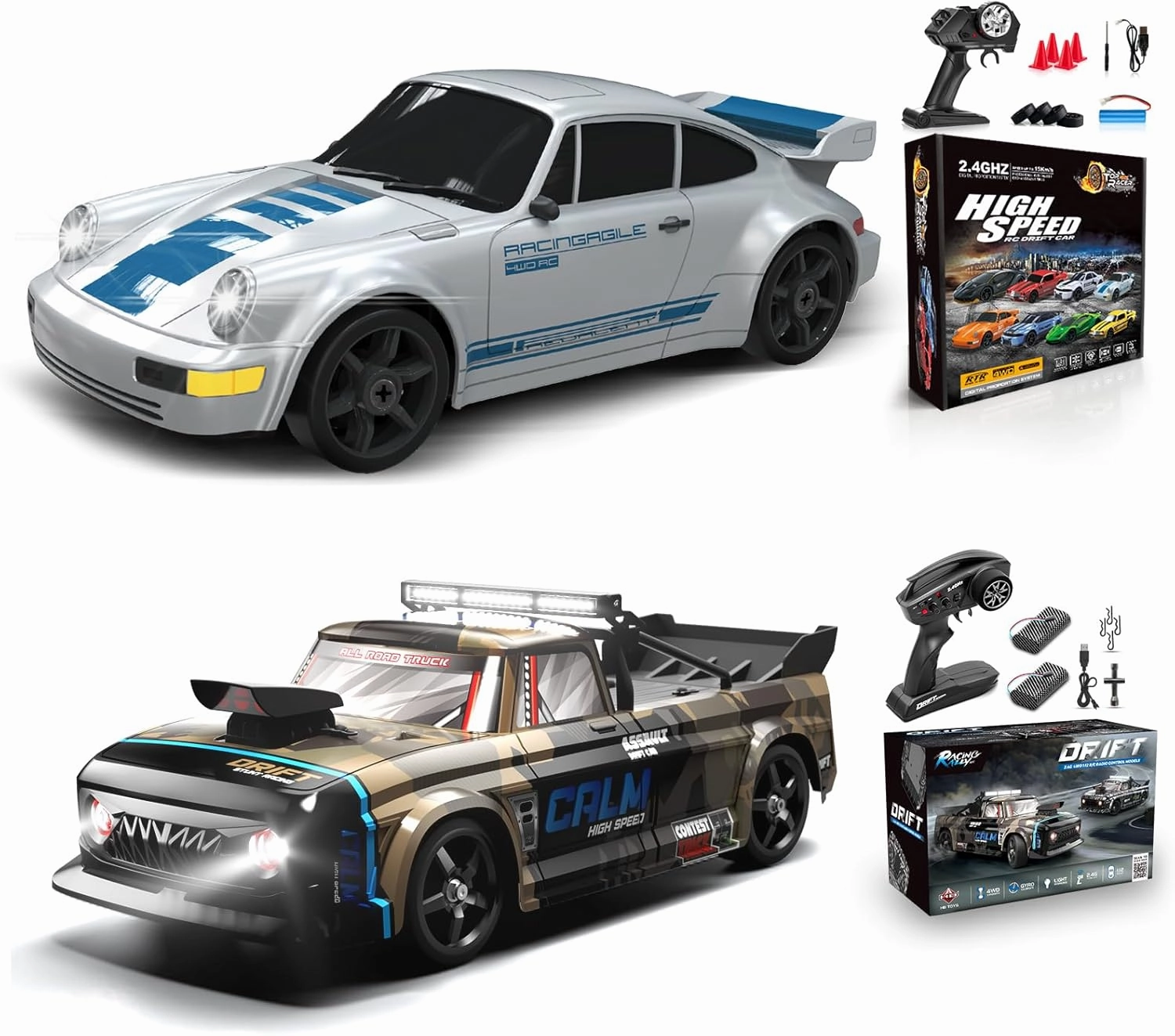 2 PCS RC Drift Car, RC Drift Car 1:24 Remote Control Car 4WD 15KM/H Remote Control Car and 1:12 Fast RC Car 2.4GHz 35KM/H High Speed Performance with Gyro Racing Car Gift for Adults Kids Boys Girls
